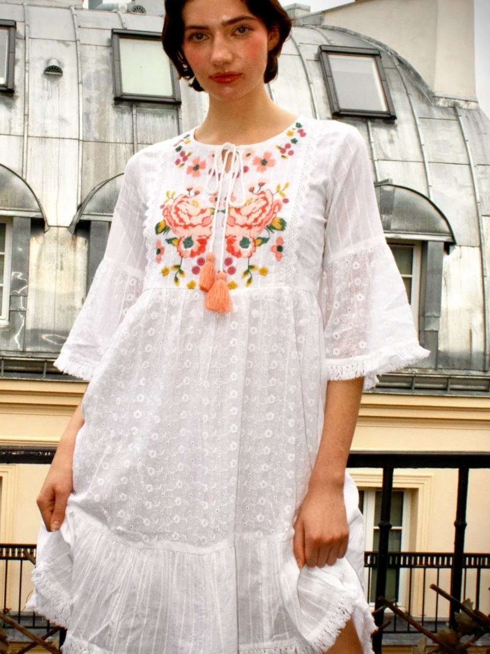 White Floral-Embroidered Cotton Peasant Dress